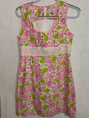 Lilly Pulitzer Mini Shift Dress “Black Jack” White Crochet Lace Waist Sz small